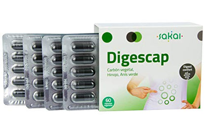 Sakai – Digescap- Acaba con las digestiones pesadas – Alivia los Gases y la hinchazón abdominal – Calma las molestias digestivas - Con Carbón Vegetal, Hinojo y Anís Verde