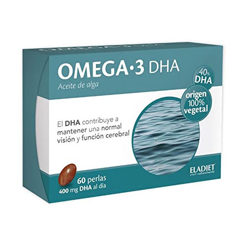 Omega 3 - 40% DHA con Aceite de Algas - Favorece el Buen Funcionamiento del Sistema Nervioso - Ayuda a Mantener un Estado Óptimo de Visión - 60 Perlas - 100% Vegetal - Eladiet, 60 unidad, 1