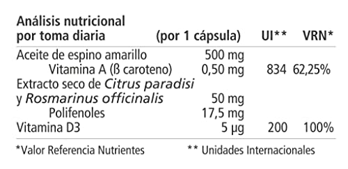 Vitae OlioVita Protect fotoprotector oral con aceite de espino amarillo, extracto de pomelo y romero, y vitamina D - 30 cápsulas