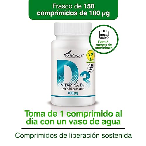 Soria Natural Vitamina D3 4000 UI (100 μg) - Vitamina d Vegana Ayuda a reforzar el Sistema Inmunitario, Huesos, Músculos y Dientes Fuertes | 150 Comprimidos para 5 meses | Vitaminas Mujer y Hombre