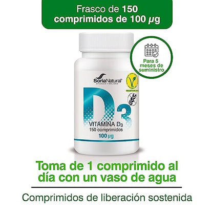 Soria Natural Vitamina D3 4000 UI (100 μg) - Vitamina d Vegana Ayuda a reforzar el Sistema Inmunitario, Huesos, Músculos y Dientes Fuertes | 150 Comprimidos para 5 meses | Vitaminas Mujer y Hombre