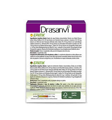 DRASANVI Epatik con Colina, Desmodium, Cardo Mariano y Otros Extractos| Para la Función Hepática | Desintoxicación y Depuración del Organismo | Enriquecido con Vitamina B6 |30 Comprimidos = 15 Días