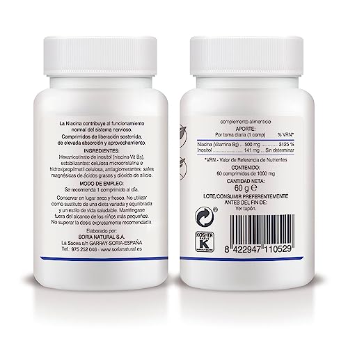 Soria Natural Niacina Vitamina B3 Liberación Sostenida - Energía y Metabolismo Saludable - Salud Cardiovascular y Cerebral - Liberación Sostenida MÁXIMA ABSORCIÓN - 60 comprimidos