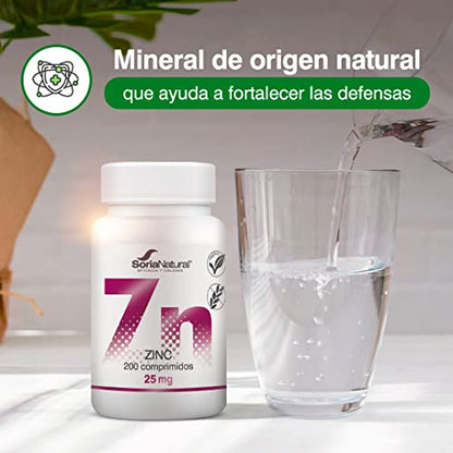 Soria Natural Zinc Comprimidos 25mg - Complemento Alimenticio para Reforzar las Defensas, Fertilidad, Caída del Cabello, Piel y Uñas, Hepatitis, Hígado Graso, Prostata, Acné | 200 comprimidos