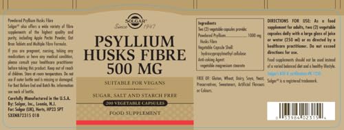 Solgar Fibra de cáscaras de Psyllium 500 mg Cápsulas vegetales - Envase de 200