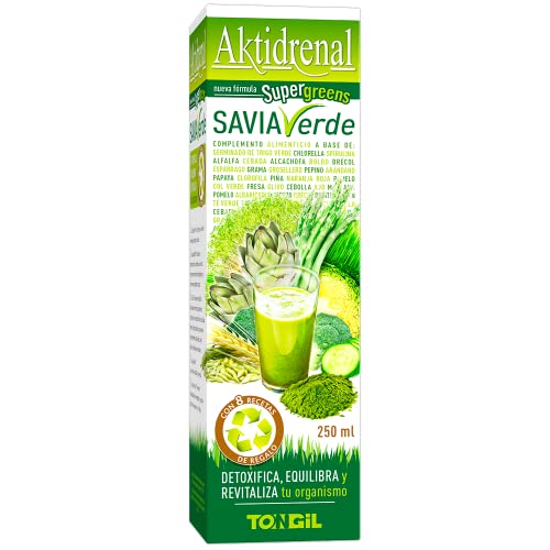 Tongil - Aktidrenal Savia Verde Super Greens 250ml - Spirulina Algae, Chlorella, plant extracts, fruits and vegetables - Draining and Purifying Detox with More than 35 nutrients - Suitable for Vegans