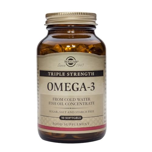 Solgar Omega 3 triple concentración, Apoyo al Cuidado del Corazón, Aceite de Pescado Concentrado de Aguas Frías que Aporta EPA y DHA, 50 Cápsulas