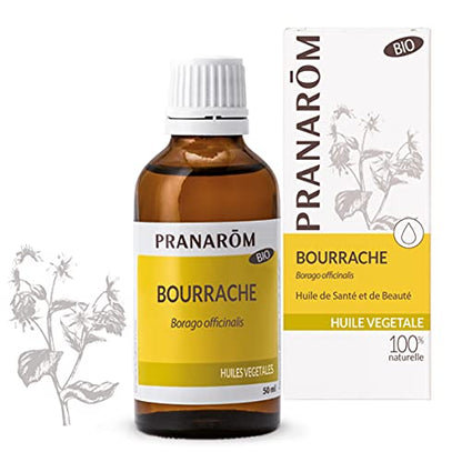 Pranarôm Borretsch-Pflanzenöl, gewonnen durch erste Kaltpressung von Borretschsamen und -blüten, geeignet für aromatische Hautmassage, ideal als Unterstützung für ätherische Öle, 50 ml