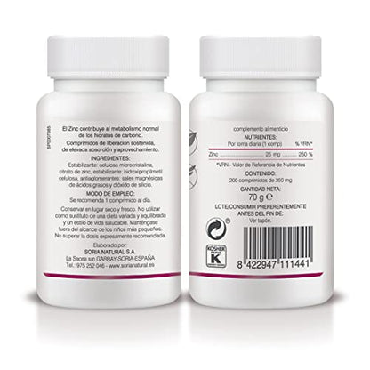 Soria Natural Zinc Comprimidos 25mg - Complemento Alimenticio para Reforzar las Defensas, Fertilidad, Caída del Cabello, Piel y Uñas, Hepatitis, Hígado Graso, Prostata, Acné | 200 comprimidos