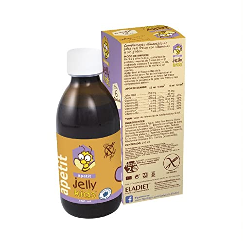 Complemento Alimenticio Jelly Kids Apetit - 250 ml - Elaborado a Base de Jalea Real y Quina - Ayuda a Abrir el Apetito y Reforzar el Sistema Inmune - Alta Concentración de Vitaminas - Eladiet