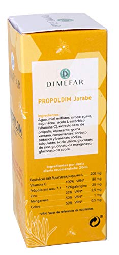 DIMEFAR - Propoldim Jarabe Natural Adultos - Defensas Naturales - Própolis + Equinácea + Vitamina C + Zn +Cu +Mn + Miel +Siropo Agave, 150ml | Jarabe Natural Reforzar Defensas y Garganta