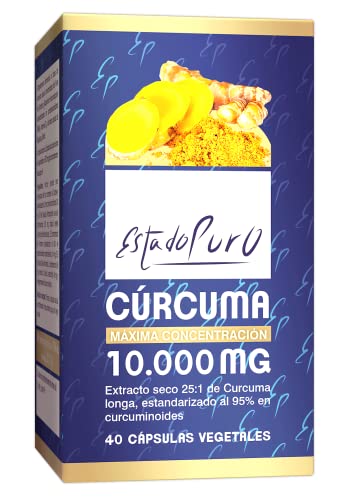 Cúrcuma Estado Puro 10000mg | 40 Cápsulas | Cúrcuma con Pimienta Negra de Máxima Concentración y Absorción | Antinflamatorio Natural | Tongil