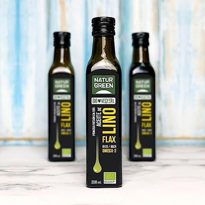 NaturGreen - Aceite Lino Bio, 100% Aceite de Semillas de Lino Ecológico, Rico en Omega-3, Primera Presión