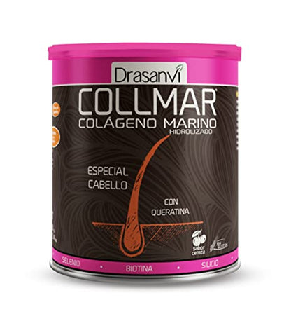 COLLMAR Cabello Colágeno Marino Hidrolizado + Biotina, Queratina, Selenio, Zinc y Extracto de Bambú |Cabellos Débiles y Finos| | Alta Dosis 5.000 mg/día | 350g de Polvo = 35 Días | Sabor Cereza