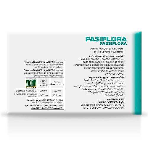 Soria Natural Pasiflora comprimidos - Sueño Tranquilo y Relajación Profunda - Calmante Natural - Para Noches Serenas - Caja con 60 cápsulas