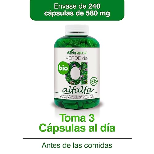 Soria Natural Verde de Alfalfa - Fuente Rica en Vitaminas, Minerales y Clorofila - Suplemento para Energía y Salud Digestiva, Capilar, Piel y Uñas - Antioxidante Natural - 240 cápsulas