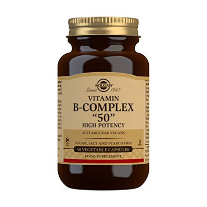 Solgar | Vitamina B-Complex "50" Alta potencia | Metabolismo energético y Rendimiento Intelectual |Reduce el cansancio y la fatiga | 50 Cápsulas vegetales