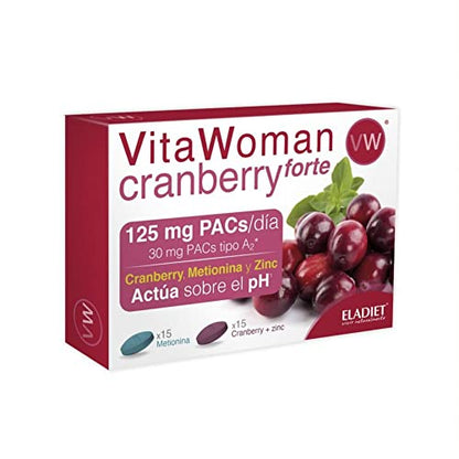 Complemento Alimenticio con Arándano Rojo, Metionina y Zinc - Vita Woman Cranberry Forte - 15 Comprimidos Azules y 15 Comprimidos Rojos - Favorece el Buen Estado de las Vías Urinarias - Eladiet