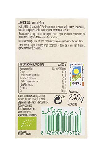 BIOGRÁ - Arroz Rojo Integral de Intenso Sabor, Apto para Veganos, Sin Sal, Sin Azúcares, 250g