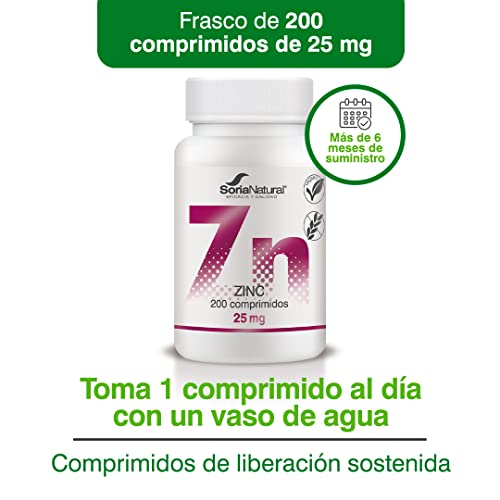 Soria Natural Zinc Comprimidos 25mg - Complemento Alimenticio para Reforzar las Defensas, Fertilidad, Caída del Cabello, Piel y Uñas, Hepatitis, Hígado Graso, Prostata, Acné | 200 comprimidos