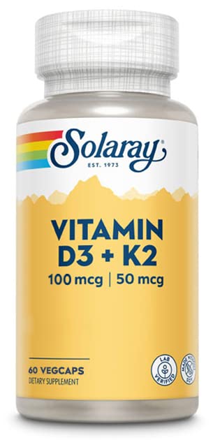 Solaray Vitamina D3 + K2 | Favorece la absorción de calcio y apoya al sistema cardiovascular y arterial | Sin Soja, gluten | Apto para Vegetarianos | 60 VegCap