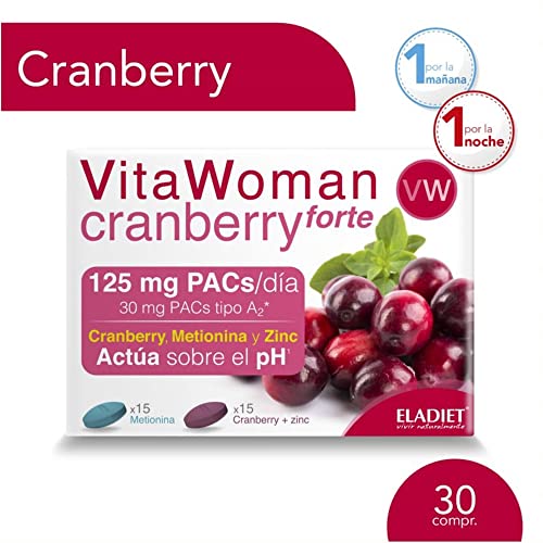 Complemento Alimenticio con Arándano Rojo, Metionina y Zinc - Vita Woman Cranberry Forte - 15 Comprimidos Azules y 15 Comprimidos Rojos - Favorece el Buen Estado de las Vías Urinarias - Eladiet