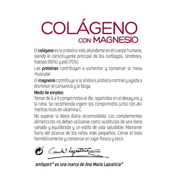 AMLsport - Colágeno con magnesio – 270 comprimidos articulaciones fuertes. Regenerador de tejidos con colágeno hidrolizado tipo 1 y tipo 2. Envase para 45 días de tratamiento.