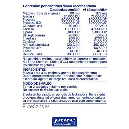 PURE ENCAPSULATIONS | Enzimas Digestivas Plus | Complejo con Lactasa | Soporte en la Digestión de Proteínas, Hidratos de Carbono, Grasas, Fibras Vegetales y Lácteos | 90 Cápsulas