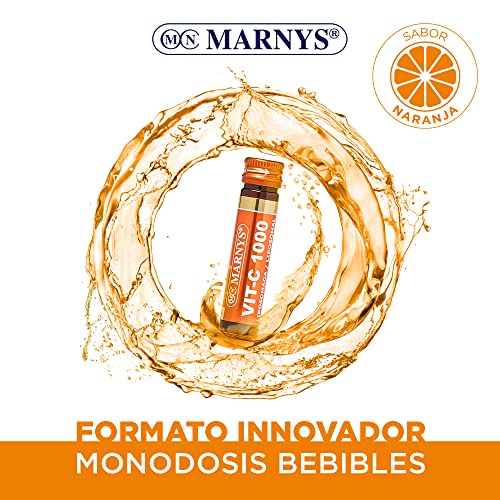 VIT-C 1000 MARNYS, Vitamina C liposomada 1000 mg Bebible, Mejora el Sistema Inmune, Para Tus Defensas, Apto para veganos, 20 viales bebibles de Sabor naranja