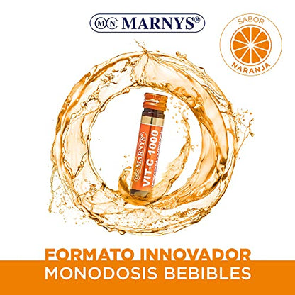 VIT-C 1000 MARNYS, Vitamina C liposomada 1000 mg Bebible, Mejora el Sistema Inmune, Para Tus Defensas, Apto para veganos, 20 viales bebibles de Sabor naranja