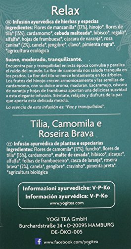 Yogi Tea - Relax, Infusión Ayurvédica de Hierbas con Flores de Tila, Flores de Manzanilla y Rosa Canina - 17 Bolsitas, 30,6g