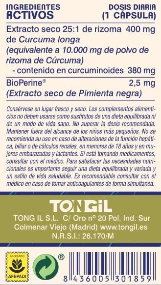 Cúrcuma Estado Puro 10000mg | 40 Cápsulas | Cúrcuma con Pimienta Negra de Máxima Concentración y Absorción | Antinflamatorio Natural | Tongil