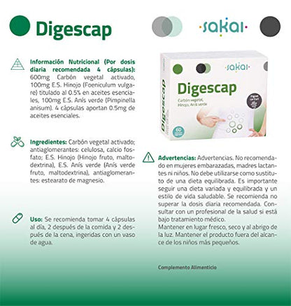 Sakai – Digescap- Acaba con las digestiones pesadas – Alivia los Gases y la hinchazón abdominal – Calma las molestias digestivas - Con Carbón Vegetal, Hinojo y Anís Verde