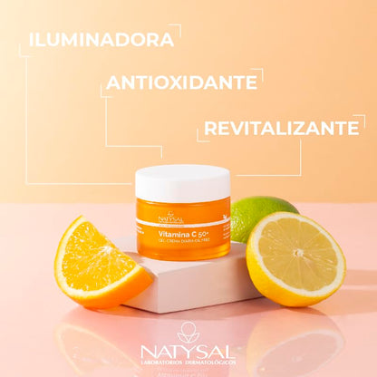 CREMA DE VITAMINA C 50 ml | Gel Crema diaria con Protección Solar | Antioxidante, Revitalizante e Iluminadora | Textura Ligera y Sin Aceites | Hecho en España | Natysal