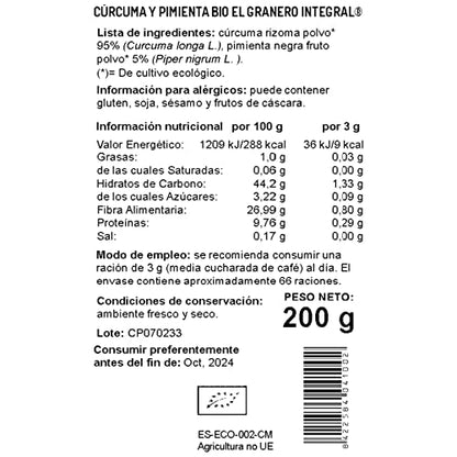 GRANERO INTEGRAL CURCUMA Y PIMIENTA BIO 200 gr pack de 6 unidades