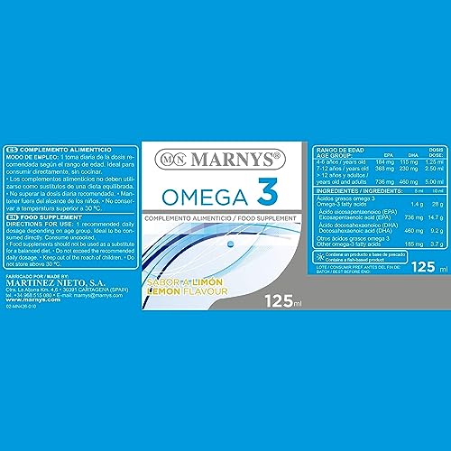 Omega 3 MARNYS, EPA und DHA marinen Ursprungs, Herz- und neurologische Funktion, flüssiges Format 125 ml mit Zitronengeschmack