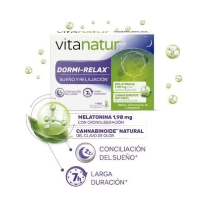 Vitanatur - Dormi-Relax (1), Complemento Alimenticio con Melatonina, Clavo de Olor, Melisa, Vitamina B y Magnesio, Ingredientes que ayudan a Conciliar el Sueño (1) y a la Relajación (1) - 30 Cápsulas