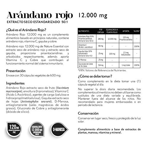 Nature Essential | Arándano Rojo 12.000 mg | Cápsulas Vegetales | Extracto Seco | Ayuda a Reforzar el Sistema Inmune y la Salud del Tracto Urinario | Rico en Vitamina C y D-Manosa