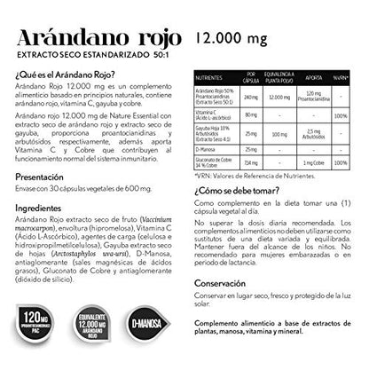 Nature Essential | Arándano Rojo 12.000 mg | Cápsulas Vegetales | Extracto Seco | Ayuda a Reforzar el Sistema Inmune y la Salud del Tracto Urinario | Rico en Vitamina C y D-Manosa