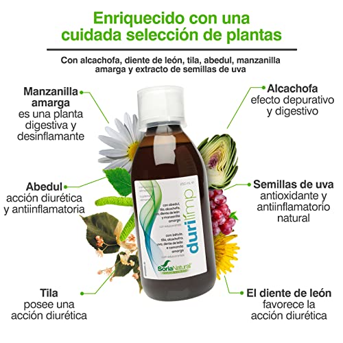 Soria Natural Durilimp - Limpieza Interna, Promueve la Salud Digestiva, Detox Natura l- Diente de León, Alcachofa, Manzanilla Amarga, Abedul - Equilibrio Digestivo - 250ml