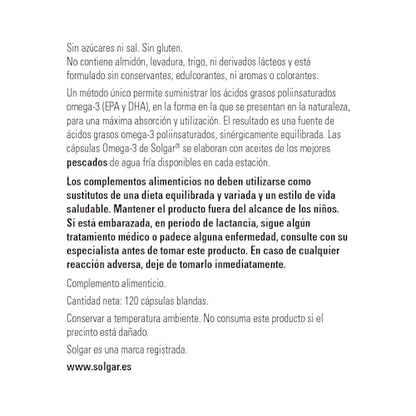 Solgar Omega-3 Doble Ácidos Grasos Poliinsaturados como Triglicéridos Naturales, 120 Cápsulas Blandas