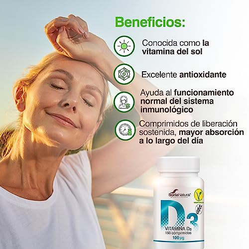 Soria Natural Vitamina D3 4000 UI (100 μg) - Vitamina d Vegana Ayuda a reforzar el Sistema Inmunitario, Huesos, Músculos y Dientes Fuertes | 150 Comprimidos para 5 meses | Vitaminas Mujer y Hombre