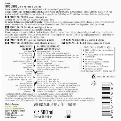 Sante Naturkosmetik Naturkosmetik - Gel de ducha orgánico de piña y lima, tamaño familiar de 500 ml, con dispensador, aroma afrutado y fresco, vegano, sin microplástico, para mujeres y hombres