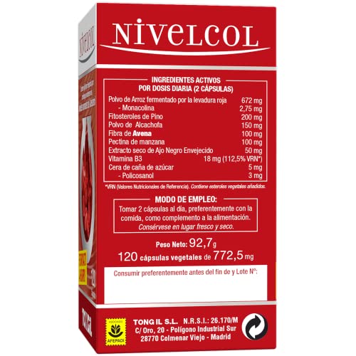 Nivelcol 120 Kapseln | Rote Reishefe, Phytosterole, Policosanol, Artischocke und schwarzer Knoblauch | Hält Ihren Cholesterinspiegel aufrecht, um den Cholesterinspiegel zu senken | Tongil sichere und wirksame Formel