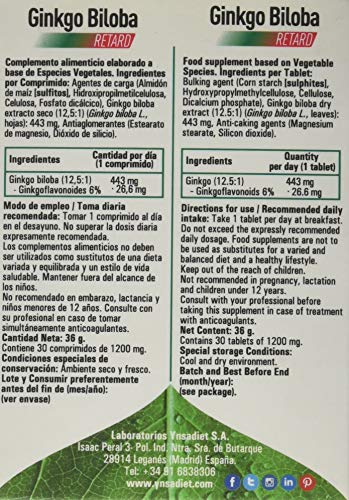 Ginkgo Biloba Retard - 30 Càpsulas - Laboratorios Ynsadiet SA