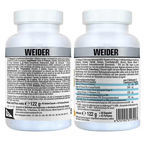 Weider Omega 3. 90 capsulas. EPA y DHA. Enriquecido con Vitamina E