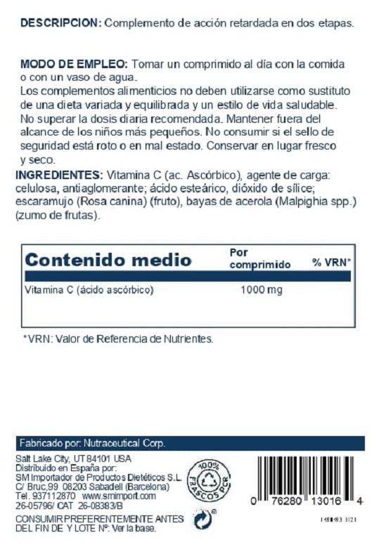 SOLARAY Vitamin C 1000mg | With Rose Hips And Acerola | Delayed Action| Gluten Free | Suitable for Vegans | Tablets, One size, Vanilla, 100 Units