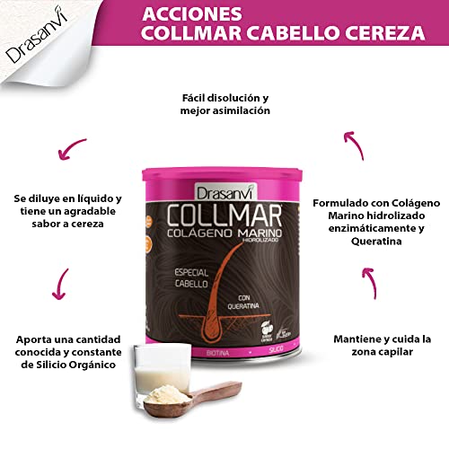 COLLMAR Cabello Colágeno Marino Hidrolizado + Biotina, Queratina, Selenio, Zinc y Extracto de Bambú |Cabellos Débiles y Finos| | Alta Dosis 5.000 mg/día | 350g de Polvo = 35 Días | Sabor Cereza