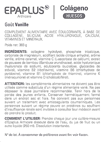 EPAPLUS Arthicare, Colágeno + Calcio + Silicio, Colágeno Hidrolizado con Calcio y Silicio, Disolución Instant Sabor Vainilla, Tratamiento 30 Días, 383g