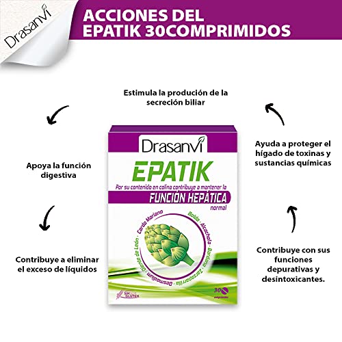 DRASANVI Epatik con Colina, Desmodium, Cardo Mariano y Otros Extractos| Para la Función Hepática | Desintoxicación y Depuración del Organismo | Enriquecido con Vitamina B6 |30 Comprimidos = 15 Días